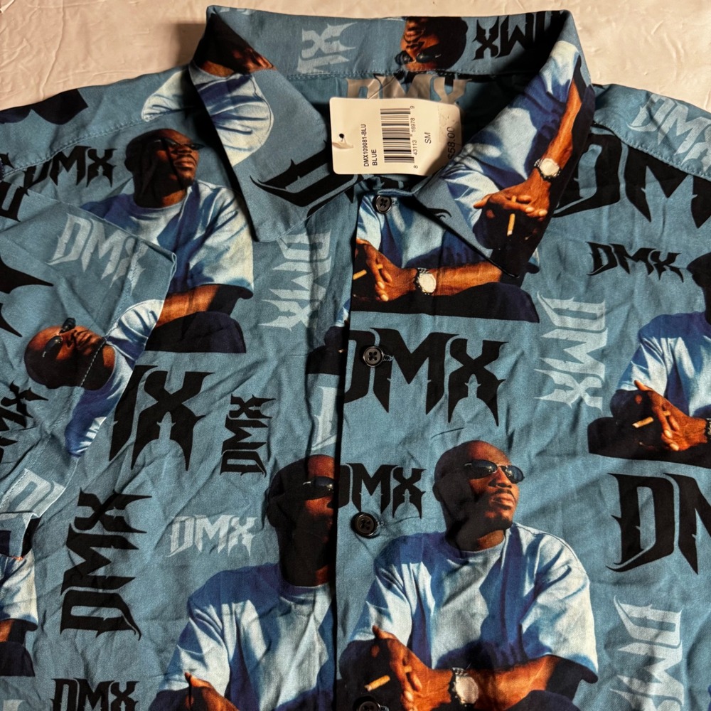 DMX All Over Print Rayon Button Down Shirt Blue Mens Small Hip Hop Graphic‎